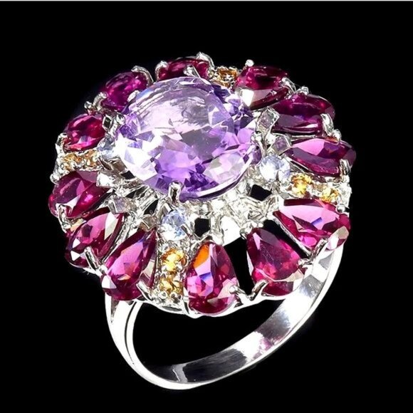 Natural Amethyst 12x10mm & Sapphire Gems 925 Sterling Silver Ring Size‎ 7.75 - Picture 3 of 5